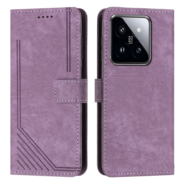 For Xiaomi 14 Skin Feel Stripe Pattern Leather Phone Case with Long Lanyard(Purple) - 14 Cases by buy2fix | Online Shopping UK | buy2fix