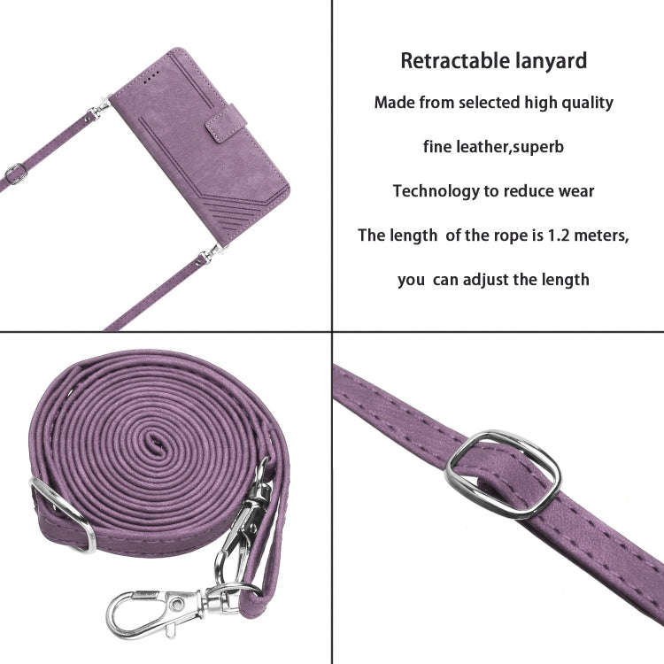 For Xiaomi 14 Skin Feel Stripe Pattern Leather Phone Case with Long Lanyard(Purple) - 14 Cases by buy2fix | Online Shopping UK | buy2fix