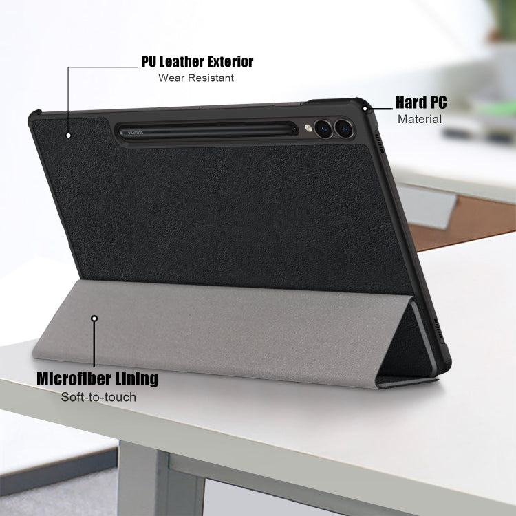 For Samsung Galaxy Tab S9+ Custer Pure Color 3-Fold Holder Smart Leather Tablet Case(Black) - Galaxy Tab S9+ Cases by buy2fix | Online Shopping UK | buy2fix