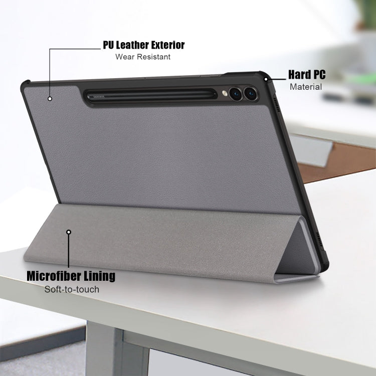 For Samsung Galaxy Tab S9+ Custer Pure Color 3-Fold Holder Smart Leather Tablet Case(Grey) - Galaxy Tab S9+ Cases by buy2fix | Online Shopping UK | buy2fix