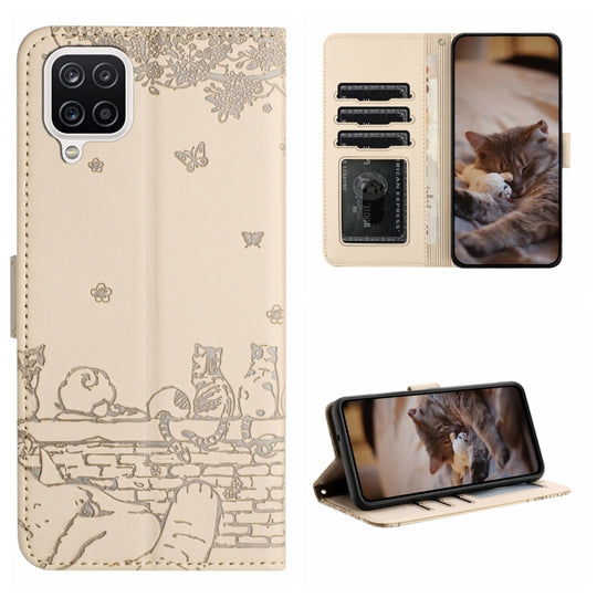 For Samsung Galaxy A12 Cat Embossing Pattern Leather Phone Case with Lanyard(Beige)
