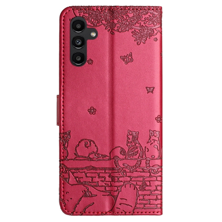 For Samsung Galaxy A24 Cat Embossing Pattern Leather Phone Case with Lanyard(Red) - Galaxy Phone Cases by buy2fix | Online Shopping UK | buy2fix