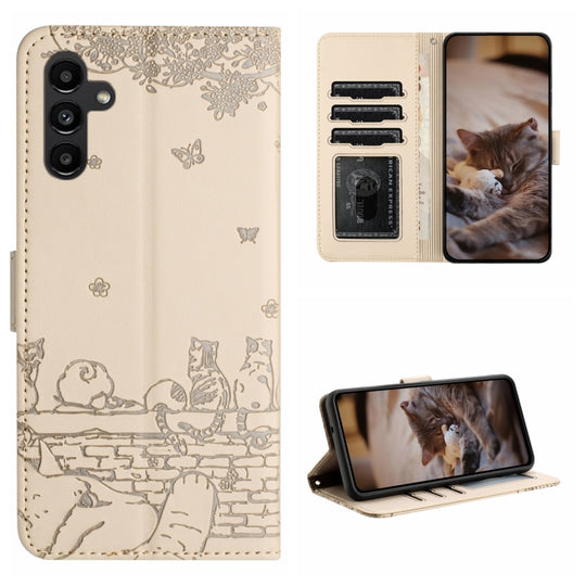 For Samsung Galaxy A54 Cat Embossing Pattern Leather Phone Case with Lanyard(Beige)