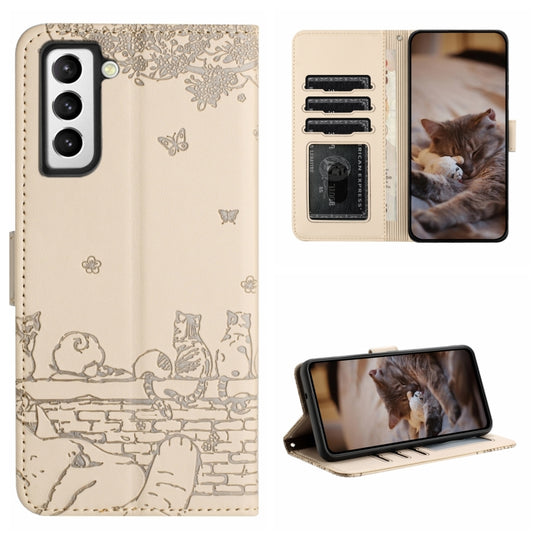 For Samsung Galaxy S21 Cat Embossing Pattern Leather Phone Case with Lanyard(Beige)