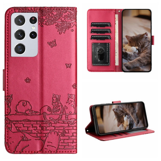 For Samsung Galaxy S21 Ultra Cat Embossing Pattern Leather Phone Case with Lanyard(Red) - Galaxy S21 Ultra 5G Cases by buy2fix | Online Shopping UK | buy2fix