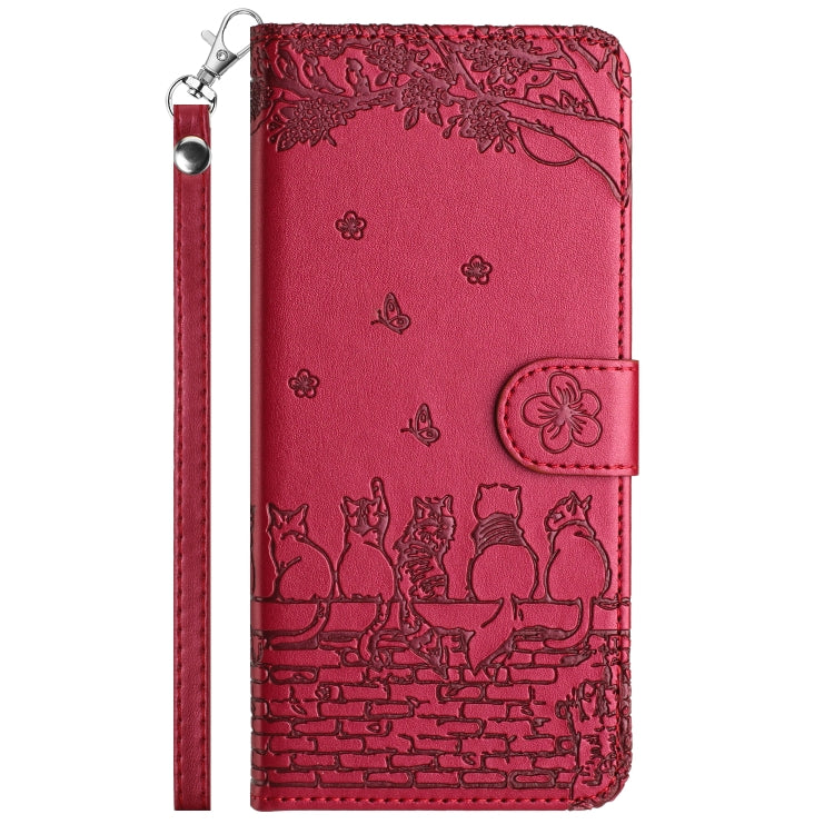 For Samsung Galaxy S21 Ultra Cat Embossing Pattern Leather Phone Case with Lanyard(Red) - Galaxy S21 Ultra 5G Cases by buy2fix | Online Shopping UK | buy2fix