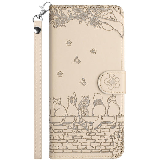 For Samsung Galaxy S23 Ultra Cat Embossing Pattern Leather Phone Case with Lanyard(Beige) by buy2fix