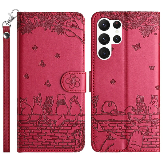 For Samsung Galaxy S24 Ultra Cat Embossing Pattern Leather Phone Case with Lanyard(Red) by buy2fix