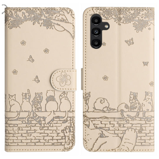 For Samsung Galaxy A55 Cat Embossing Pattern Leather Phone Case with Lanyard(Beige)