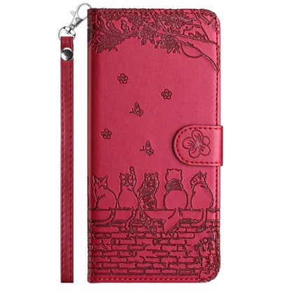 For Xiaomi Poco F5 Pro Cat Embossing Pattern Leather Phone Case with Lanyard(Red) - Xiaomi Cases by buy2fix | Online Shopping UK | buy2fix