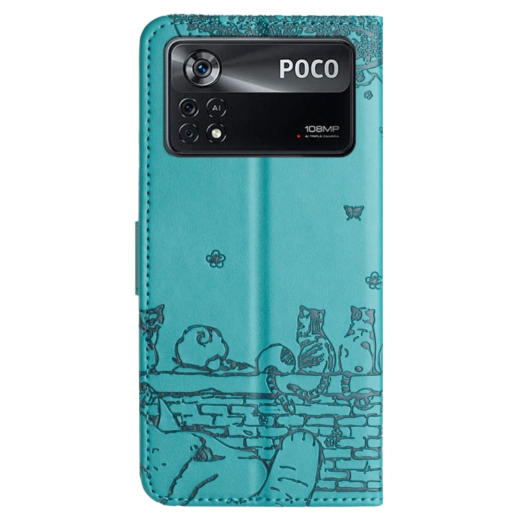 For Xiaomi Poco X4 Pro 5G Cat Embossing Pattern Leather Phone Case with Lanyard(Blue) - Xiaomi Cases by buy2fix | Online Shopping UK | buy2fix