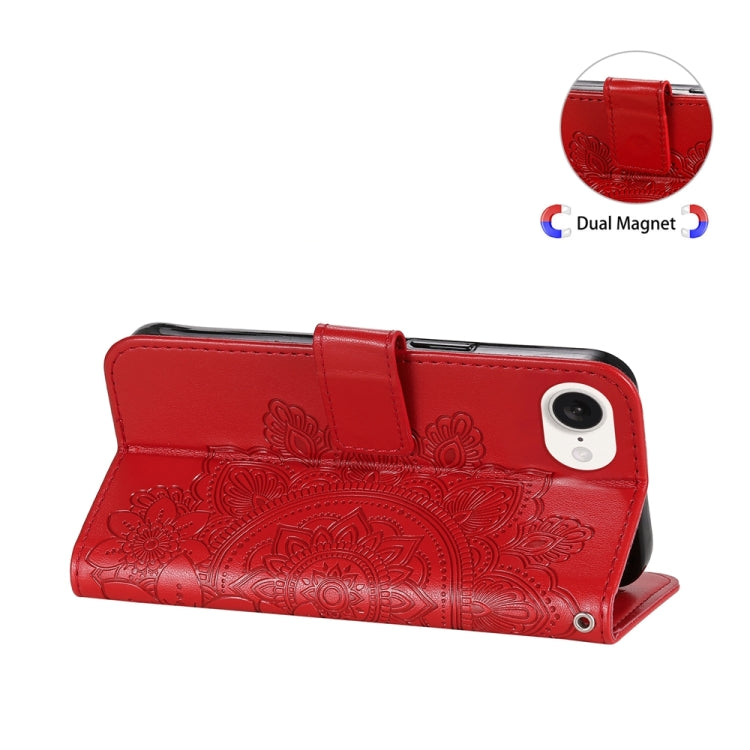 For iPhone 16e Seven-petal Flowers Embossing Leather Phone Case(Red) - iPhone 16e Cases by buy2fix | Online Shopping UK | buy2fix