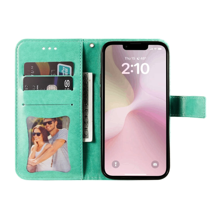 For iPhone 16e Seven-petal Flowers Embossing Leather Phone Case(Green) - iPhone 16e Cases by buy2fix | Online Shopping UK | buy2fix