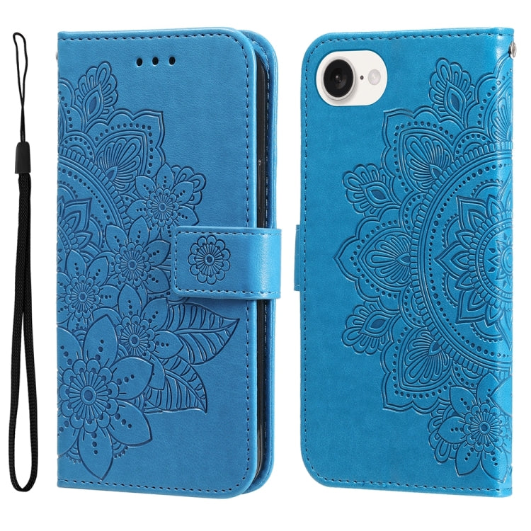 For iPhone 16e Seven-petal Flowers Embossing Leather Phone Case(Blue) - iPhone 16e Cases by buy2fix | Online Shopping UK | buy2fix