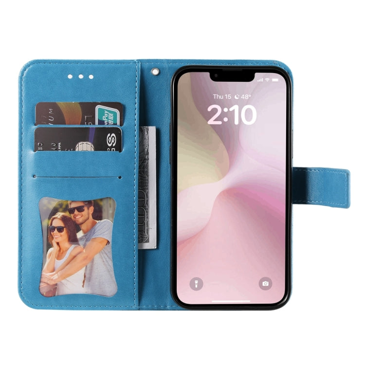 For iPhone 16e Seven-petal Flowers Embossing Leather Phone Case(Blue) - iPhone 16e Cases by buy2fix | Online Shopping UK | buy2fix