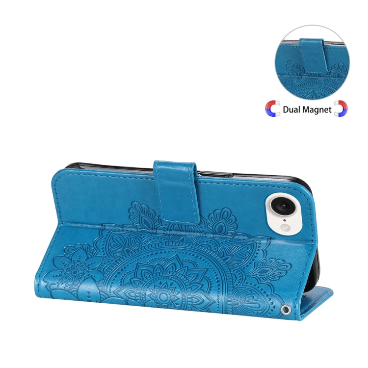 For iPhone 16e Seven-petal Flowers Embossing Leather Phone Case(Blue) - iPhone 16e Cases by buy2fix | Online Shopping UK | buy2fix