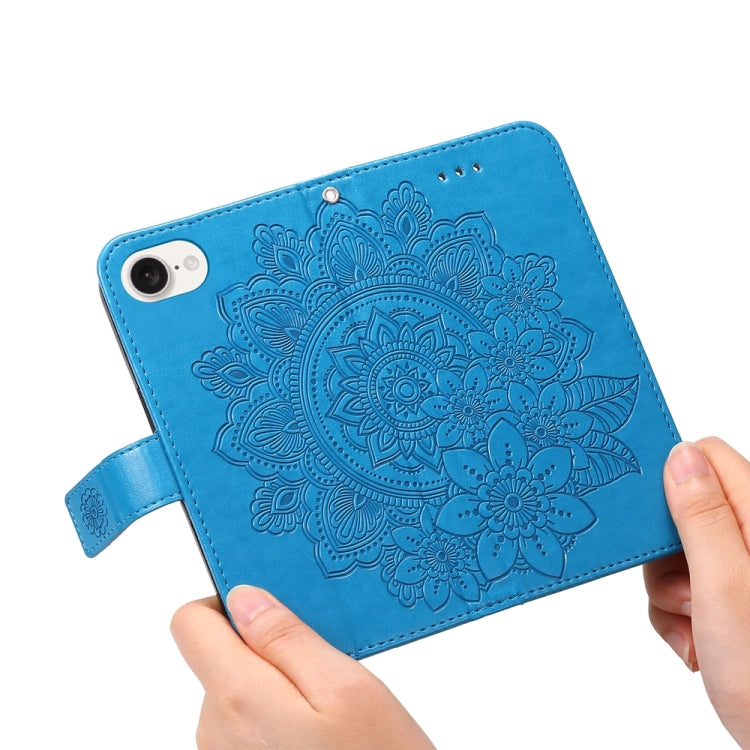For iPhone 16e Seven-petal Flowers Embossing Leather Phone Case(Blue) - iPhone 16e Cases by buy2fix | Online Shopping UK | buy2fix