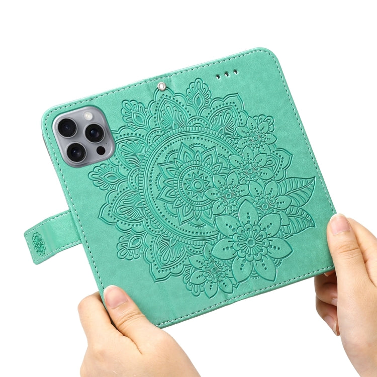 For iPhone 16 Pro Max 7-petal Flowers Embossing Leather Phone Case(Green) - iPhone 16 Pro Max Cases by buy2fix | Online Shopping UK | buy2fix