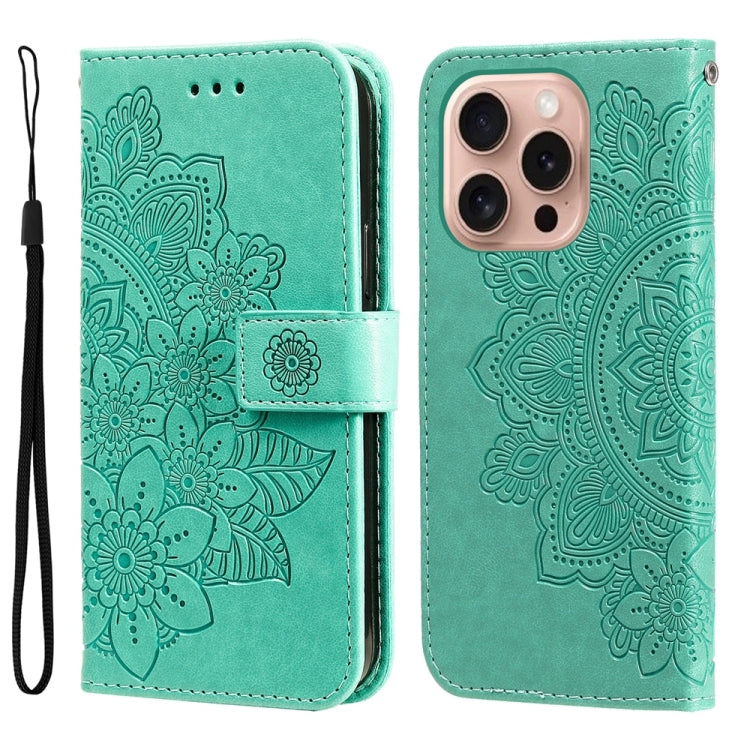 For iPhone 16 Pro 7-petal Flowers Embossing Leather Phone Case(Green) - iPhone 16 Pro Cases by buy2fix | Online Shopping UK | buy2fix