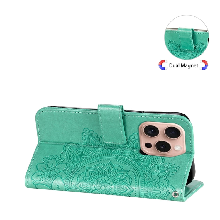 For iPhone 16 Pro 7-petal Flowers Embossing Leather Phone Case(Green) - iPhone 16 Pro Cases by buy2fix | Online Shopping UK | buy2fix