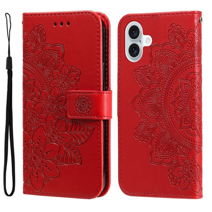 For iPhone 16 Plus Seven-petal Flowers Embossing Leather Phone Case(Red) by buy2fix