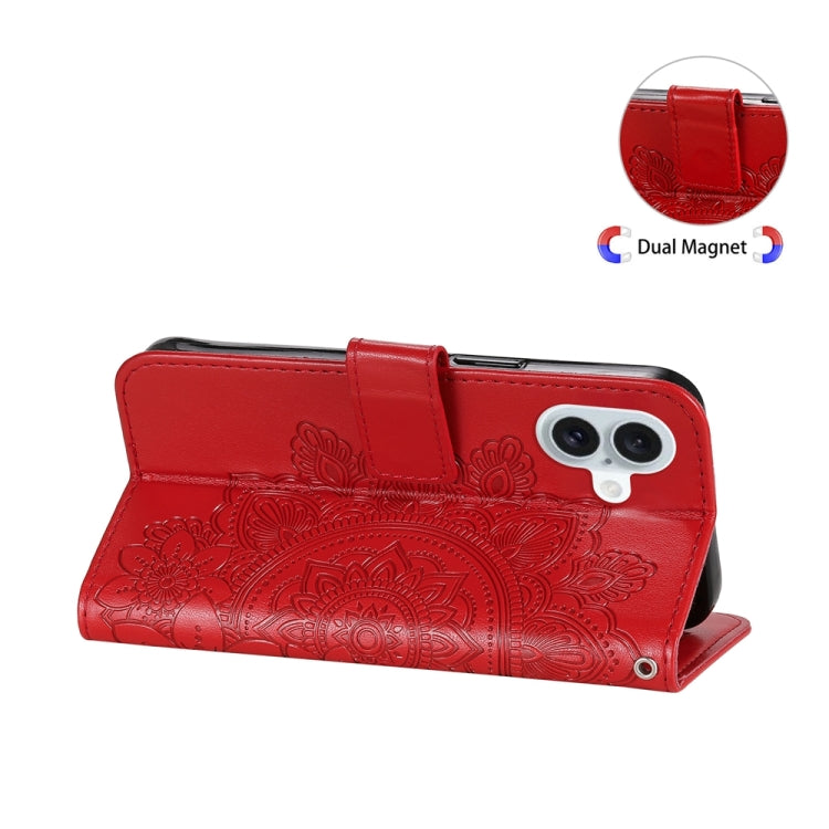 For iPhone 16 Plus Seven-petal Flowers Embossing Leather Phone Case(Red) by buy2fix