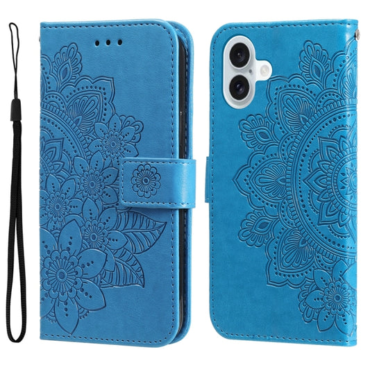 For iPhone 16 Plus 7-petal Flowers Embossing Leather Phone Case(Blue) - iPhone 16 Plus Cases by buy2fix | Online Shopping UK | buy2fix