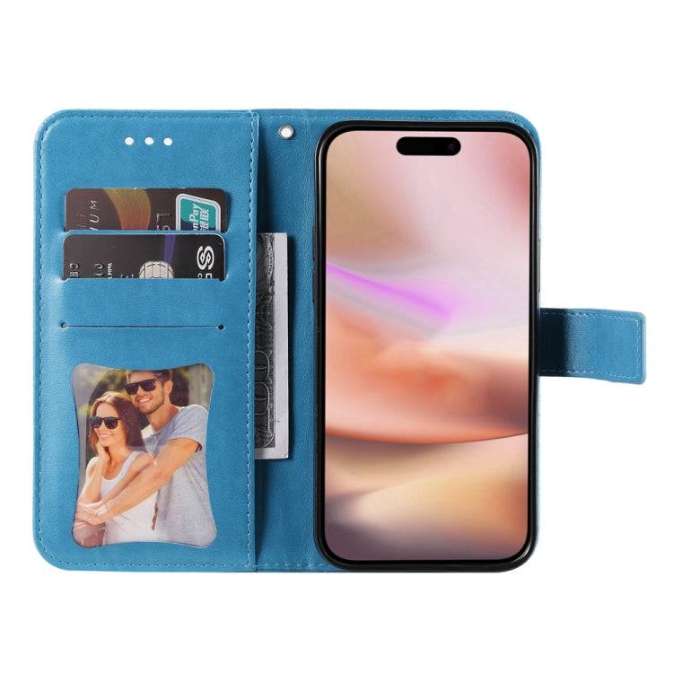 For iPhone 16 Plus 7-petal Flowers Embossing Leather Phone Case(Blue) - iPhone 16 Plus Cases by buy2fix | Online Shopping UK | buy2fix