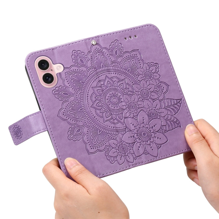 For iPhone 16 7-petal Flowers Embossing Leather Phone Case(Light Purple) - iPhone 16 Cases by buy2fix | Online Shopping UK | buy2fix