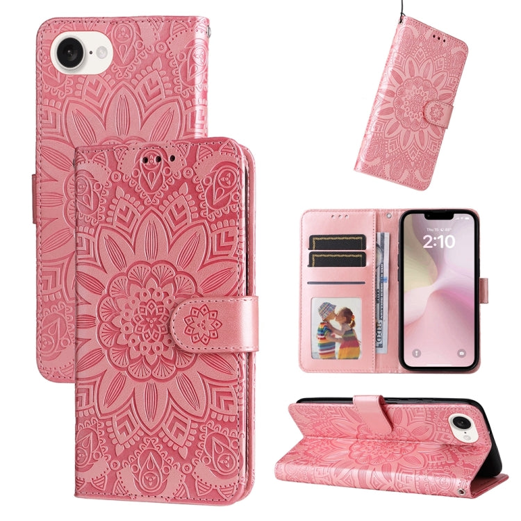 For iPhone 16e Embossed Sunflower Leather Phone Case(Pink) - iPhone 16e Cases by buy2fix | Online Shopping UK | buy2fix