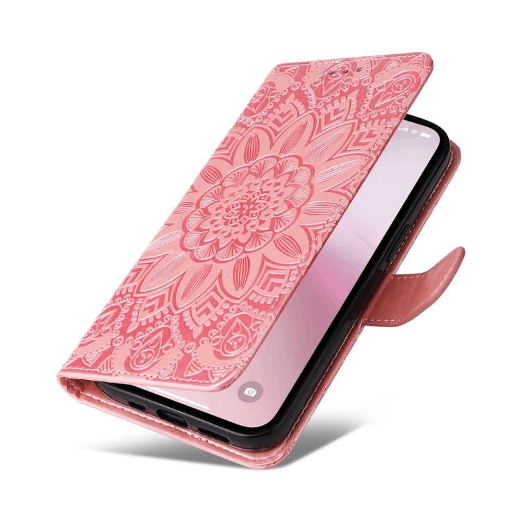 For iPhone 16e Embossed Sunflower Leather Phone Case(Pink) - iPhone 16e Cases by buy2fix | Online Shopping UK | buy2fix