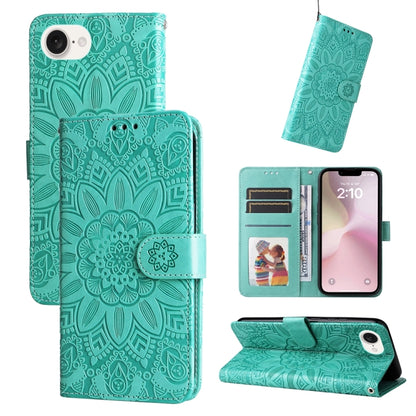 For iPhone 16e Embossed Sunflower Leather Phone Case(Green) - iPhone 16e Cases by buy2fix | Online Shopping UK | buy2fix