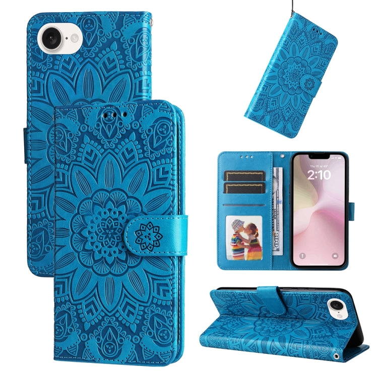 For iPhone 16e Embossed Sunflower Leather Phone Case(Blue) - iPhone 16e Cases by buy2fix | Online Shopping UK | buy2fix