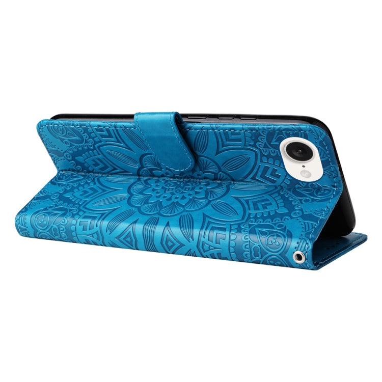 For iPhone 16e Embossed Sunflower Leather Phone Case(Blue) - iPhone 16e Cases by buy2fix | Online Shopping UK | buy2fix