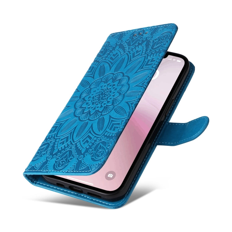 For iPhone 16e Embossed Sunflower Leather Phone Case(Blue) - iPhone 16e Cases by buy2fix | Online Shopping UK | buy2fix