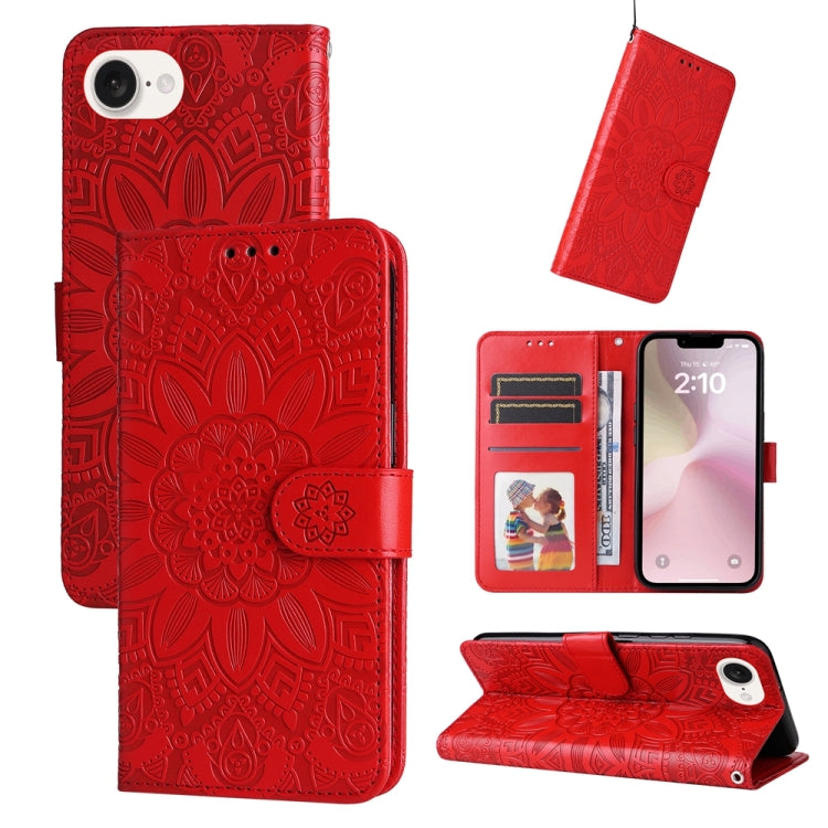 For iPhone 16e Embossed Sunflower Leather Phone Case(Red) - iPhone 16e Cases by buy2fix | Online Shopping UK | buy2fix