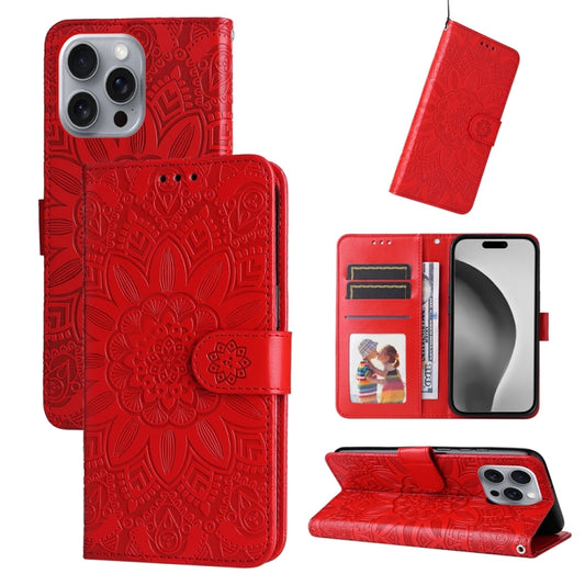 For iPhone 16 Pro Max Embossed Sunflower Leather Phone Case(Red) - iPhone 16 Pro Max Cases by buy2fix | Online Shopping UK | buy2fix