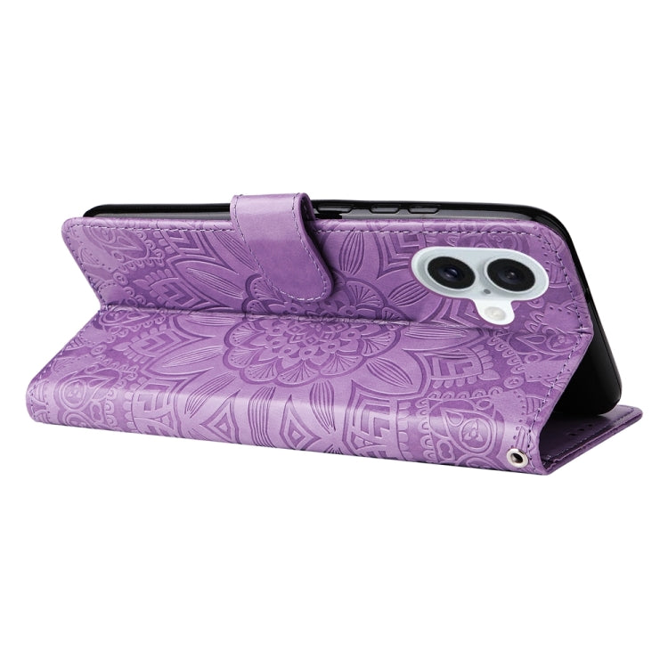 For iPhone 16 Plus Embossed Sunflower Leather Phone Case(Purple) - iPhone 16 Plus Cases by buy2fix | Online Shopping UK | buy2fix