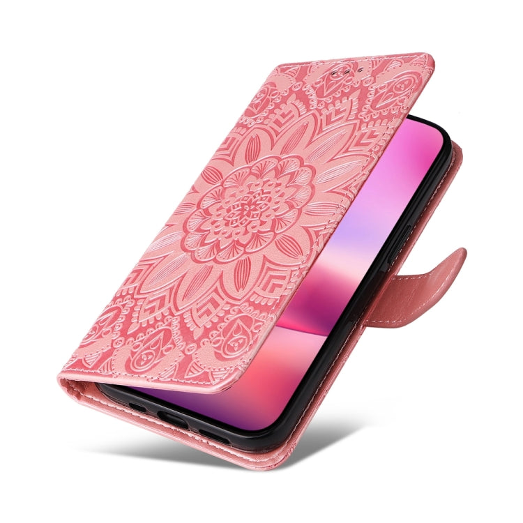 For iPhone 16 Embossed Sunflower Leather Phone Case(Pink) - iPhone 16 Cases by buy2fix | Online Shopping UK | buy2fix