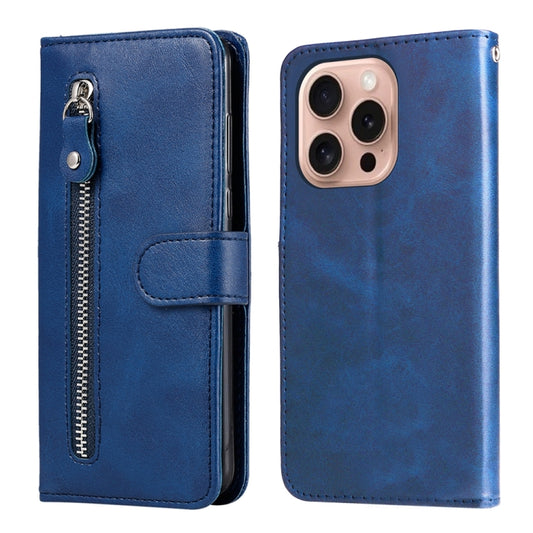 For iPhone 16 Pro Fashion Calf Texture Zipper Leather Phone Case(Blue) - iPhone 16 Pro Cases by buy2fix | Online Shopping UK | buy2fix