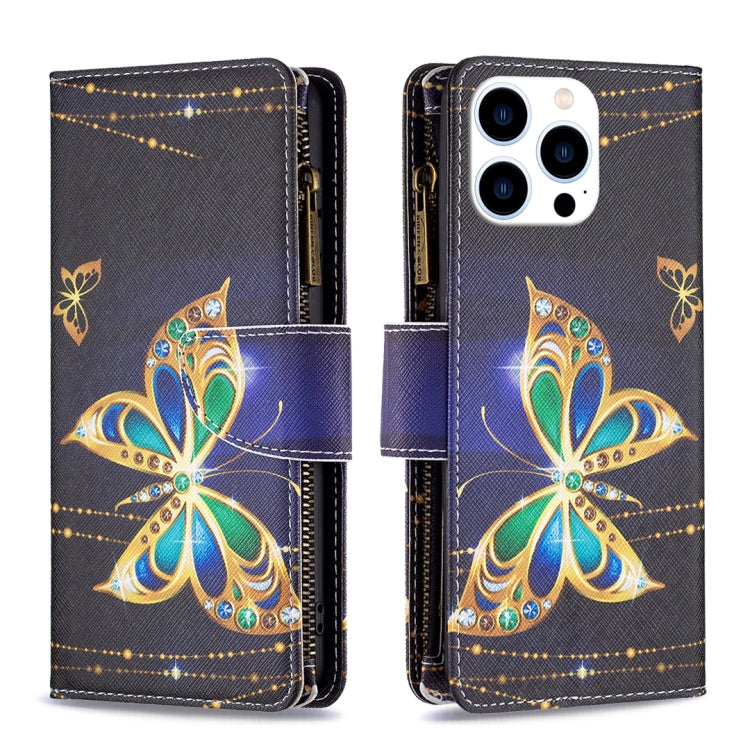 For iPhone 16 Pro Max Colored Drawing Pattern Zipper Phone Leather Case(Big Butterfly) - iPhone 16 Pro Max Cases by buy2fix | Online Shopping UK | buy2fix