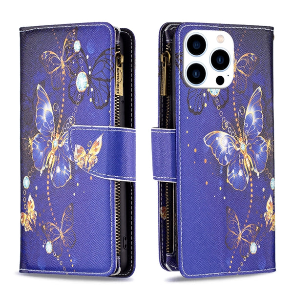 For iPhone 16 Pro Colored Drawing Pattern Zipper Phone Leather Case(Purple Butterfly) by buy2fix