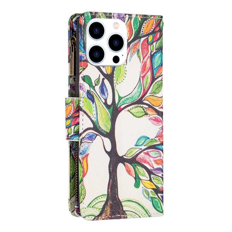 For iPhone 16 Pro Colored Drawing Pattern Zipper Phone Leather Case(Tree) - iPhone 16 Pro Cases by buy2fix | Online Shopping UK | buy2fix