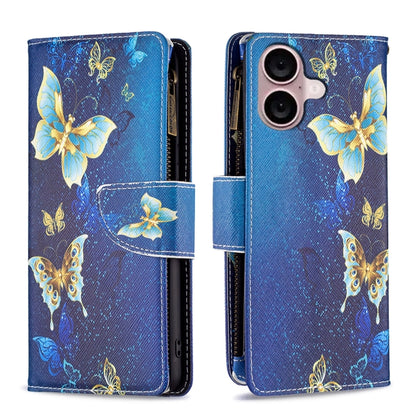 For iPhone 16 Colored Drawing Pattern Zipper Phone Leather Case(Gold Butterfly) - iPhone 16 Cases by buy2fix | Online Shopping UK | buy2fix