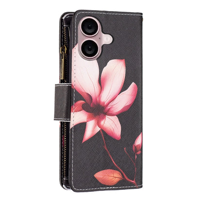 For iPhone 16 Colored Drawing Pattern Zipper Phone Leather Case(Lotus) - iPhone 16 Cases by buy2fix | Online Shopping UK | buy2fix