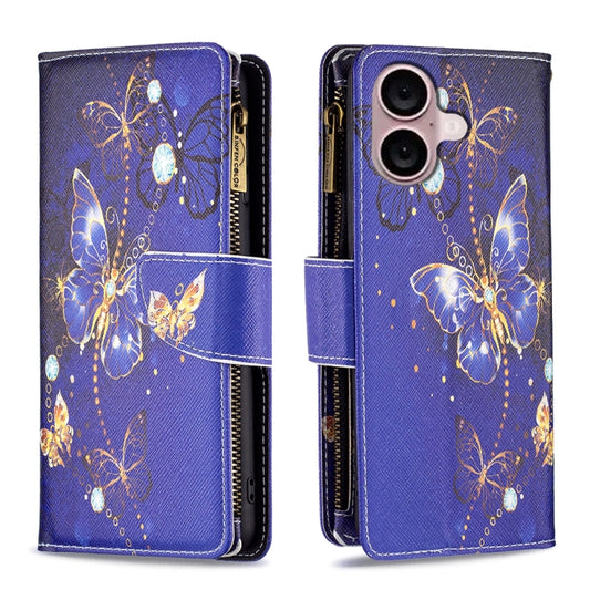 For iPhone 16 Plus Colored Drawing Pattern Zipper Phone Leather Case(Purple Butterfly) - iPhone 16 Plus Cases by buy2fix | Online Shopping UK | buy2fix