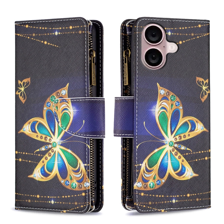 For iPhone 16 Plus Colored Drawing Pattern Zipper Phone Leather Case(Big Butterfly) - iPhone 16 Plus Cases by buy2fix | Online Shopping UK | buy2fix