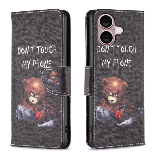 For iPhone 16 Colored Drawing Pattern Leather Phone Case(Bear) - iPhone 16 Cases by buy2fix | Online Shopping UK | buy2fix