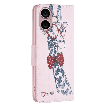 For iPhone 16 Colored Drawing Pattern Leather Phone Case(Giraffe) by buy2fix