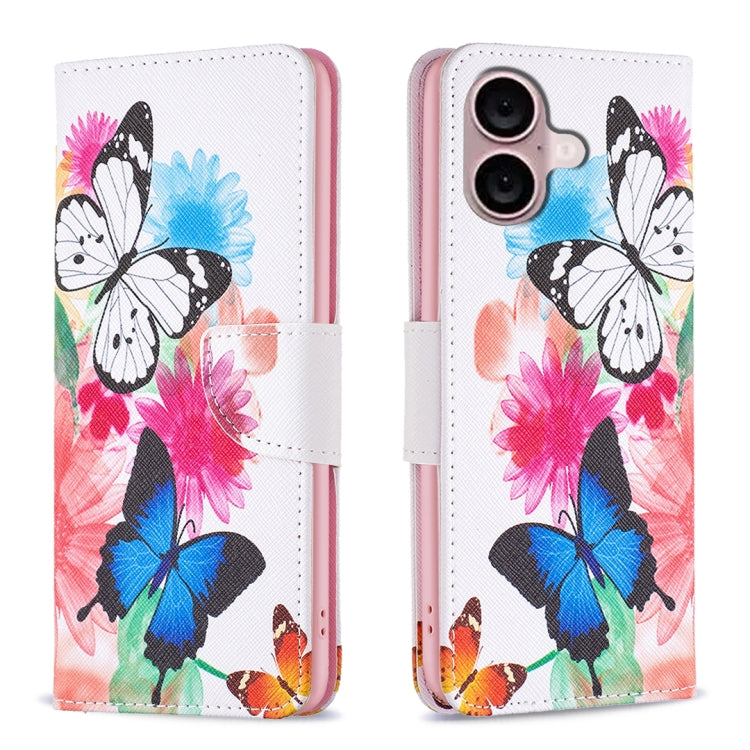 For iPhone 16 Colored Drawing Pattern Leather Phone Case(Butterflies) by buy2fix